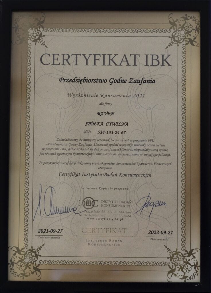Certyfikat zaufania IBK przyznany firmie Raven w 2021 roku