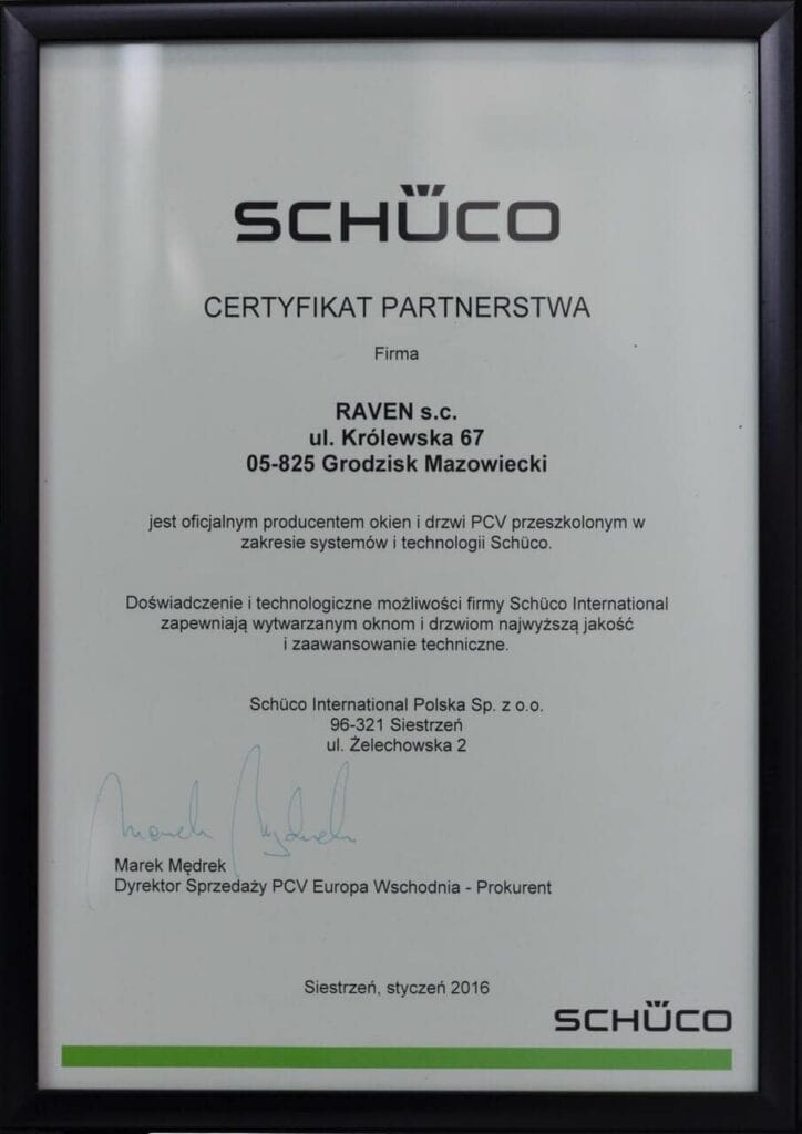 Certyfikat przyznany Raven Okna jako Schüco Premium Partner w 2024 roku