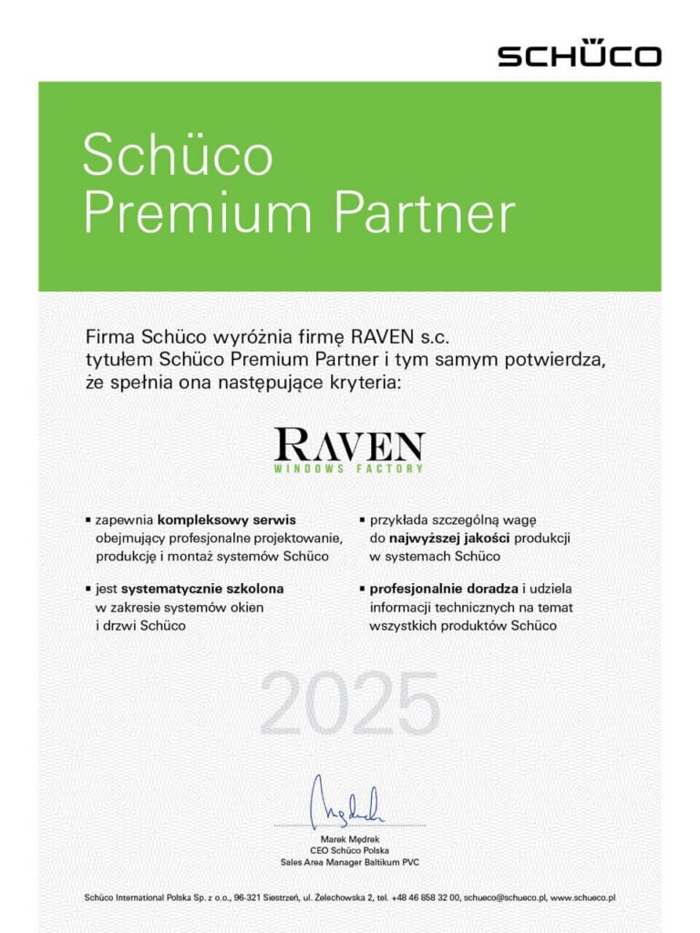 Certyfikat przyznany Raven Okna jako Schüco Premium Partner w 2025 roku