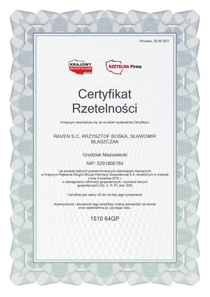 Certyfikat potwierdzający rzetelność firmy Raven S.C.
