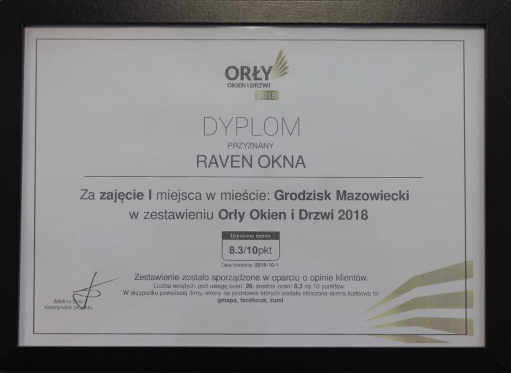 Dyplom za pierwsze miejsce Orły Okien i Drzwi 2018 – Raven Okna