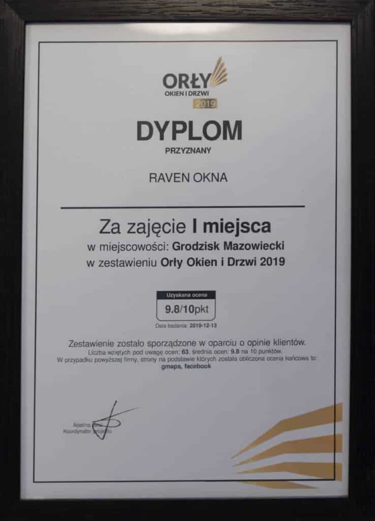 Dyplom Orły Okien i Drzwi 2019 przyznany Raven Okna