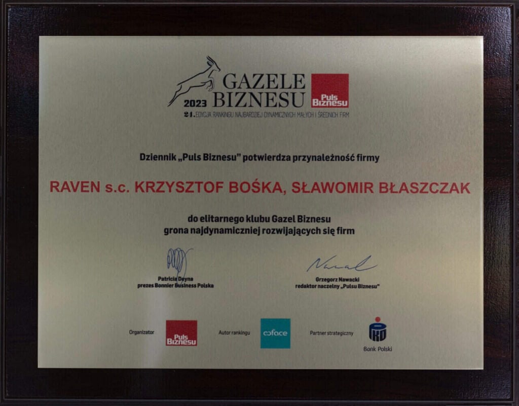 Wyróżnienie Gazele Biznesu 2023 dla Raven S.C. w oprawie